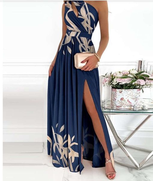 solid color shoulder hollow out hanging neck high waist split long dress for women, Black;gray
solid color shoulder hollow out hanging neck high waist split long dress for women, Black;gray