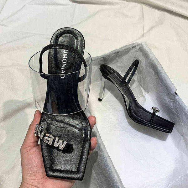 dress shoes wind thick high heels square head sandals with transparent open toe women's shoes, Black
dress shoes wind thick high heels square head sandals with transparent open toe women's shoes, Black