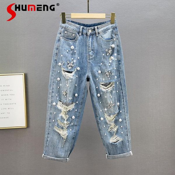 women's jeans 2021 summer european ripped loose high waist slimming beads rhinestones harem cropped for women, Blue
women's jeans 2021 summer european ripped loose high waist slimming beads rhinestones harem cropped for women, Blue