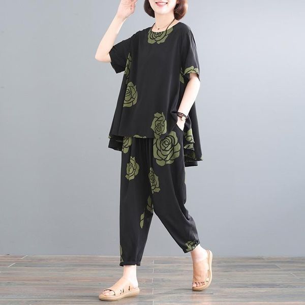 female 2021 summer loose-retro casual printing plus size two-piece set o-neck and long pants suits womens outfits y776 women's two piec, White
female 2021 summer loose-retro casual printing plus size two-piece set o-neck and long pants suits womens outfits y776 women's two piec, White
