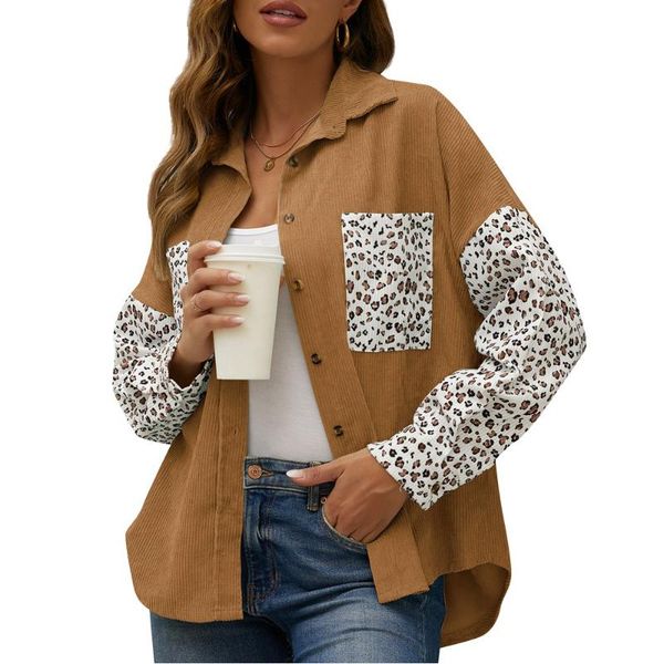 women's jackets 2021 autumn women overshirt print pocket womens leopard patchwork corduroy shirt long sleeve button jacket coats, Black;brown
women's jackets 2021 autumn women overshirt print pocket womens leopard patchwork corduroy shirt long sleeve button jacket coats, Black;brown