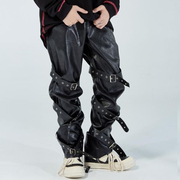 men's pants eukaaru punk style strap design pu leather high street fashion loose straight casual hip hop trousers, Black
men's pants eukaaru punk style strap design pu leather high street fashion loose straight casual hip hop trousers, Black