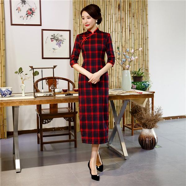 shanghai story 2021 sale long chinese dress cotton qipao plaid cheongsam lattice for women ethnic clothing, Red 
shanghai story 2021 sale long chinese dress cotton qipao plaid cheongsam lattice for women ethnic clothing, Red