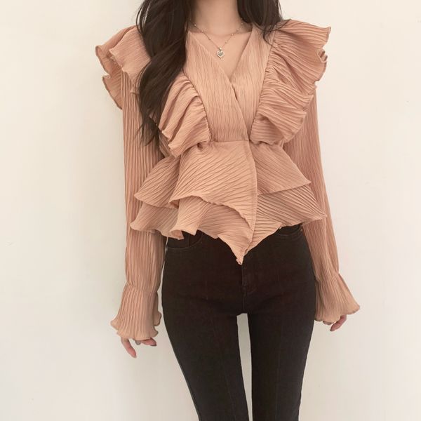 2021 spring new sweet blouse pleated ruffled bell sleeve shirt v-neck pullover long sleeve all-match blusas for women, White
2021 spring new sweet blouse pleated ruffled bell sleeve shirt v-neck pullover long sleeve all-match blusas for women, White