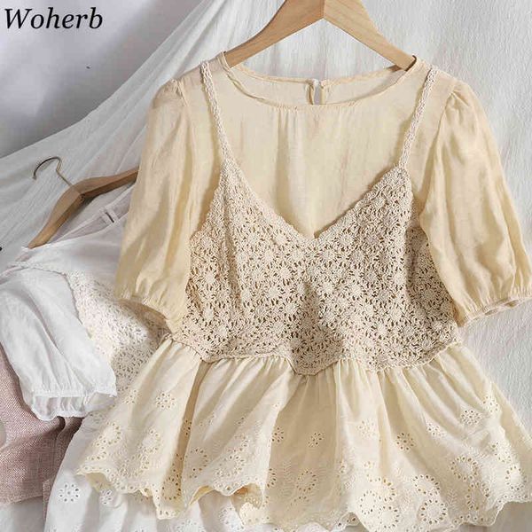 blouses women 2 piece set loose shirts hollow out knitted crop korean chic suit two female 95151 210422, White
blouses women 2 piece set loose shirts hollow out knitted crop korean chic suit two female 95151 210422, White