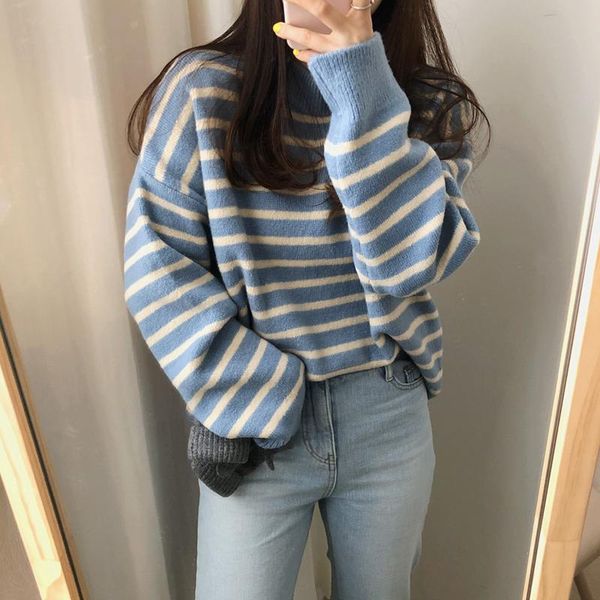 women's sweaters blue basic thickened warm stripe half high neck long sleeve bottoming female ins csual pullover for women, White;black
women's sweaters blue basic thickened warm stripe half high neck long sleeve bottoming female ins csual pullover for women, White;black