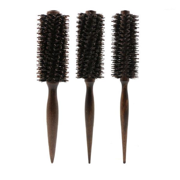 barber salon round roller wood hair brush boar bristle nylon curly comb with long handle1, Silver