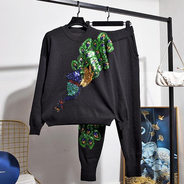 black knitted outfits women tracksuits manual sequins peacock sweater pencil pants two piece set female loose casual knit suit women's, White 
black knitted outfits women tracksuits manual sequins peacock sweater pencil pants two piece set female loose casual knit suit women's, White