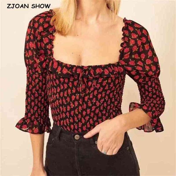 spring women harajuku square collar shirt france style retro elastic ruched rose print slim fit blouse 210429, White
spring women harajuku square collar shirt france style retro elastic ruched rose print slim fit blouse 210429, White
