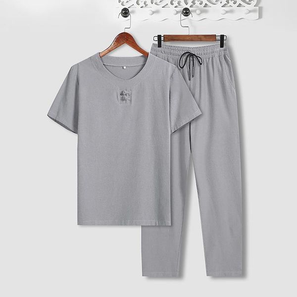men's tracksuits summer retro cotton linen short-sleeved o-neck t-shirt loose drawstring long pants two-piece suit refreshing hombre, Gray
men's tracksuits summer retro cotton linen short-sleeved o-neck t-shirt loose drawstring long pants two-piece suit refreshing hombre, Gray