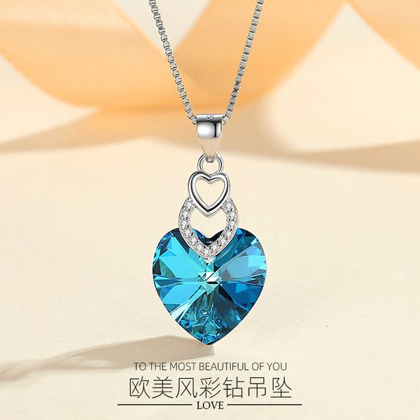 jewelry highly quality women party wedding lovers gifts925 diamond blue ocean heart pendant with sterling silver inlaid austrian crystal for