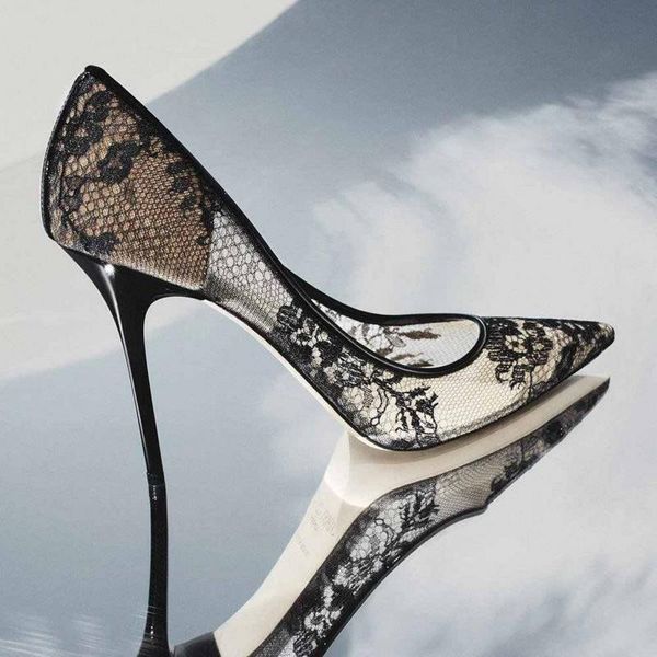 

dress shoes boussac elegant high heels women pumps transparent flower lace wedding pointed toe party swb0107, Black