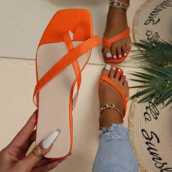 2022 summer new women's slippers outdoor square toe flip flops flat sandals slides ladies shoes plus size 36-43 y220221, Black