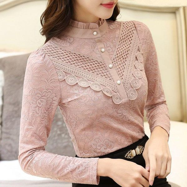 autumn and winter women's lace shirts buttons long sleeve pullover mesh shirt turtleneck y58 blouses &, White
