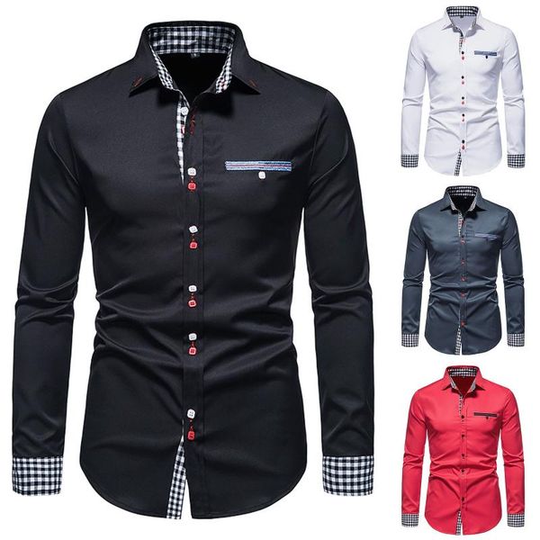 men's casual shirts fashion shirt solid autumn and winter stitching plaid long-sleeved lapel fit man drop #2108, White;black 
men's casual shirts fashion shirt solid autumn and winter stitching plaid long-sleeved lapel fit man drop #2108, White;black