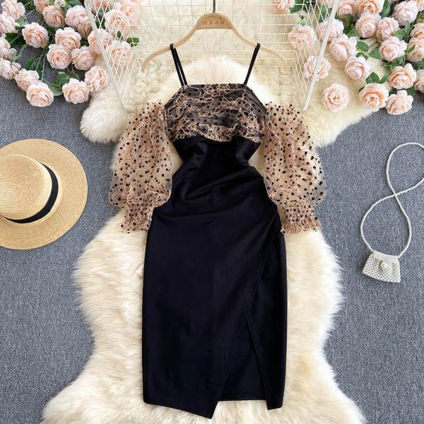 casual dresses summer vestido women off shoulder dress design splice mesh dot puff sleeve slim party strap irregular split, Black;gray
casual dresses summer vestido women off shoulder dress design splice mesh dot puff sleeve slim party strap irregular split, Black;gray