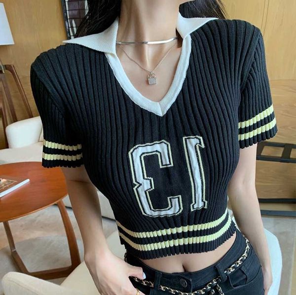 age reduction contrast stripe slim fit pullover women polo collar number 13 short sleeve t-shirt, White
age reduction contrast stripe slim fit pullover women polo collar number 13 short sleeve t-shirt, White
