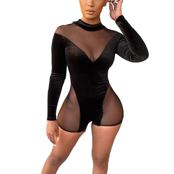 women's jumpsuits & rompers xingqing long sleeve jumpsuit transparent mesh splicing stand collar tights summer shorts playsuit, Black;white 
women's jumpsuits & rompers xingqing long sleeve jumpsuit transparent mesh splicing stand collar tights summer shorts playsuit, Black;white