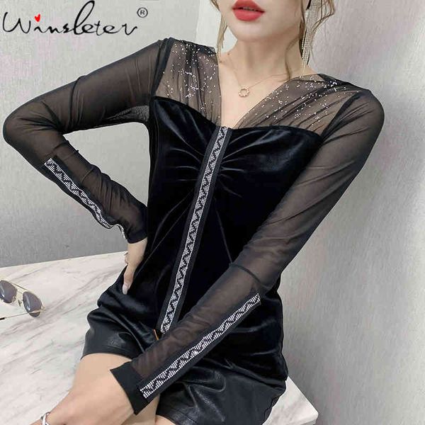 women's t-shirt fall winter korean style girl fashion v-neck shiny diamonds patchwork mesh women pullover drape tees t0n, White
women's t-shirt fall winter korean style girl fashion v-neck shiny diamonds patchwork mesh women pullover drape tees t0n, White