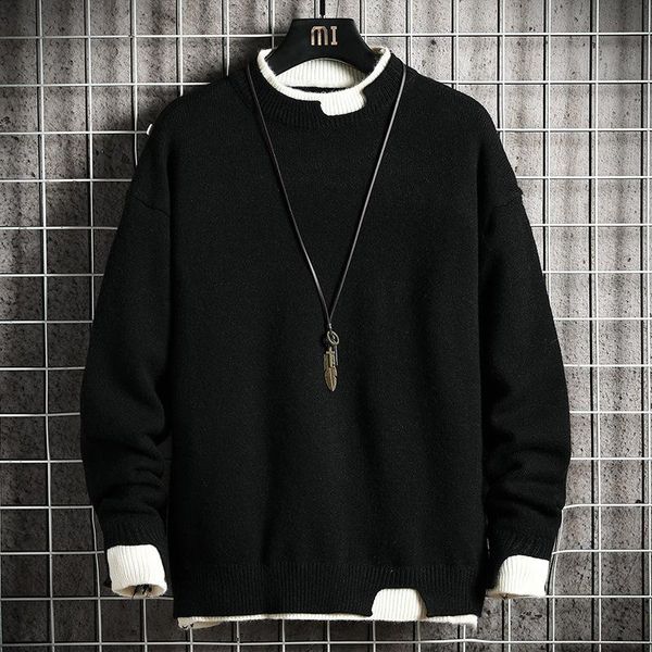 men's sweaters fake two piece knitting sweater chic japan style harajuku streetwear ripped personality trendy solid color male pullover, White;black
men's sweaters fake two piece knitting sweater chic japan style harajuku streetwear ripped personality trendy solid color male pullover, White;black