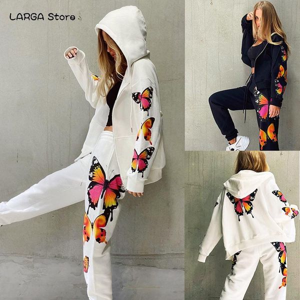 women's two piece pants 2021 european and american butterfly print long-sleeved hooded zipper casual sweater suit women, White
women's two piece pants 2021 european and american butterfly print long-sleeved hooded zipper casual sweater suit women, White