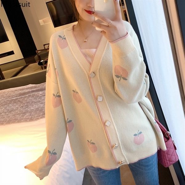 spring autumn fashion loose peach print knitted cardigan women long sleeve v-neck sweater outwear korean preppy 210514, White
spring autumn fashion loose peach print knitted cardigan women long sleeve v-neck sweater outwear korean preppy 210514, White