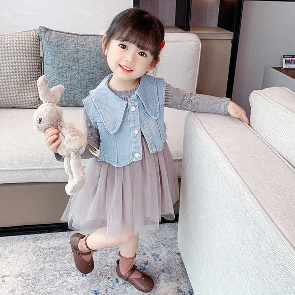 spring veil cowboy vest baby dress two-piece children's clothes x0902, White 
spring veil cowboy vest baby dress two-piece children's clothes x0902, White