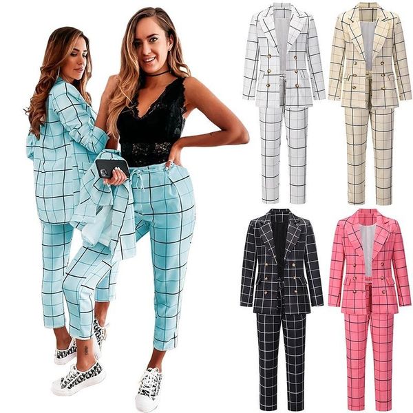 women's two piece pants casual fashion trousers suit double row button down lapel coat plaid jacket with pocket for autumn and winter, White
women's two piece pants casual fashion trousers suit double row button down lapel coat plaid jacket with pocket for autumn and winter, White