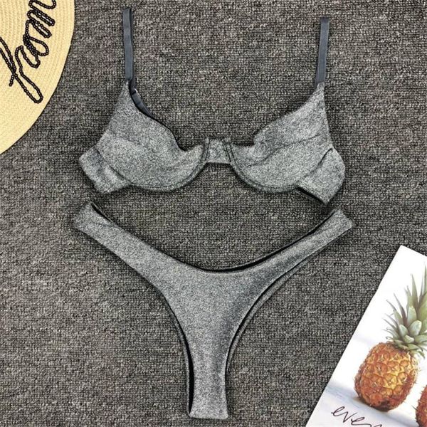 glitter fabric thong bikini swimwear women's, White;black