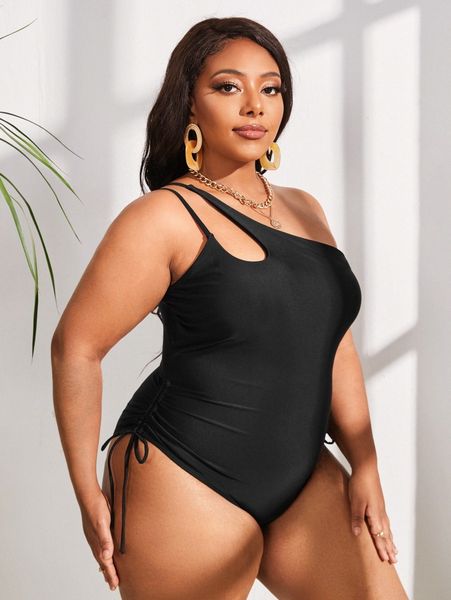 plus drawstring side asymmetrical one piece swimsuit c8dt#, Black