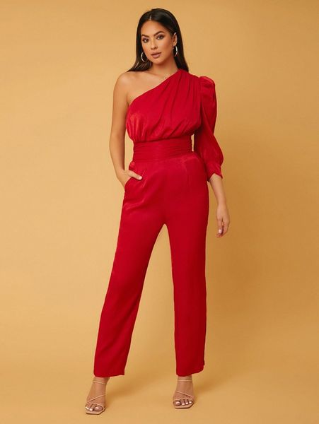 tall one shoulder pull sleeve solid jumpsuit 62bc#, White