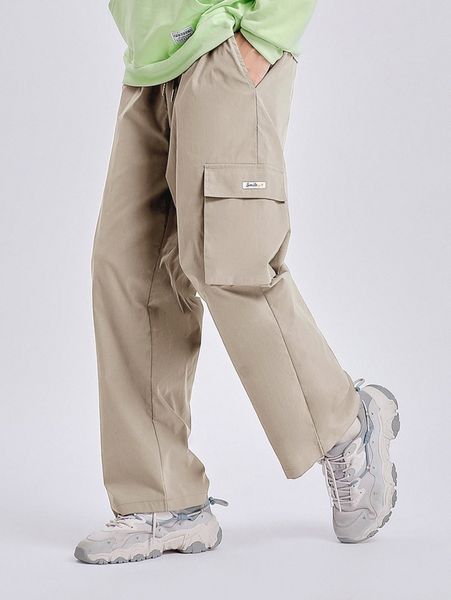 men patched detail flap pocket side drawstring pants 55p1#, Black