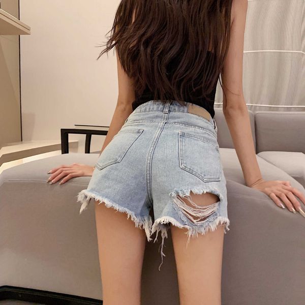 waisted korean high thin perforated denim shorts women's spring 2021 pants wide leg k2424, Blue 
waisted korean high thin perforated denim shorts women's spring 2021 pants wide leg k2424, Blue