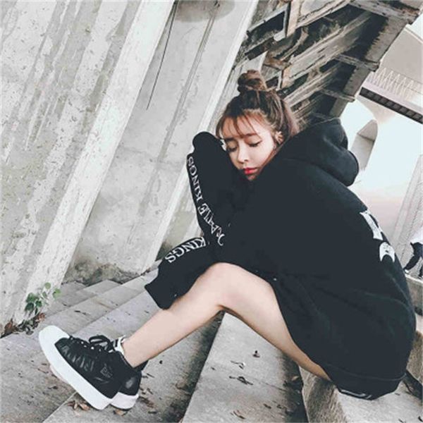 autumn, spring and winter new korean jacket with plush and thickened loose student bf tide printed hooded sweater, Black 
autumn, spring and winter new korean jacket with plush and thickened loose student bf tide printed hooded sweater, Black