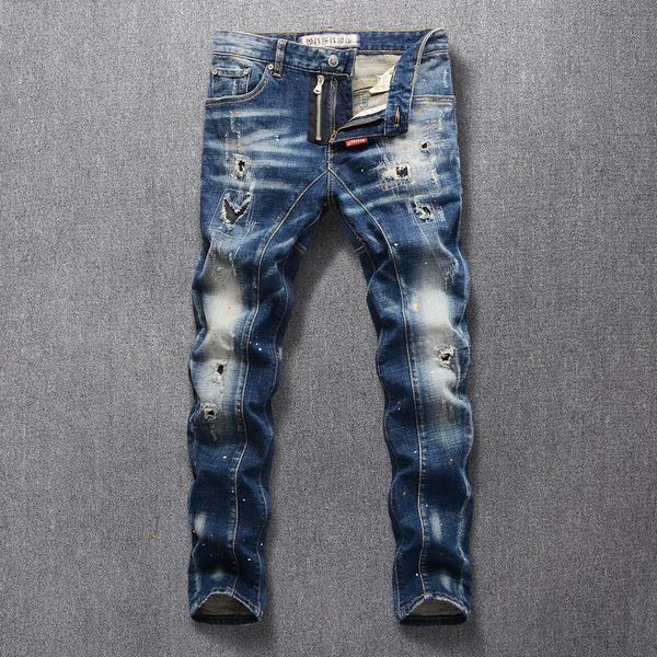 men's jeans shzq italian style fashion men retro blue slim fit elastic ripped punk pants spliced designer hip hop homm
men's jeans shzq italian style fashion men retro blue slim fit elastic ripped punk pants spliced designer hip hop homm