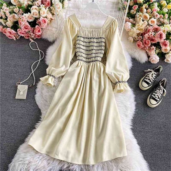 women fall winter square collar french retro pleated dress female trumpet sleeves waist slimming midi vestidos c001 210506, Black;gray
women fall winter square collar french retro pleated dress female trumpet sleeves waist slimming midi vestidos c001 210506, Black;gray