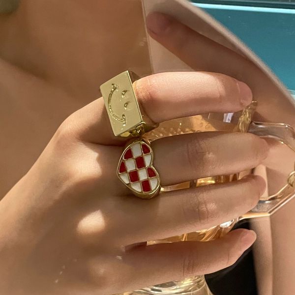 south korea east gate hand decoration niche ins wide version metal love red and white plaid smile face opening ring female, Silver
south korea east gate hand decoration niche ins wide version metal love red and white plaid smile face opening ring female, Silver