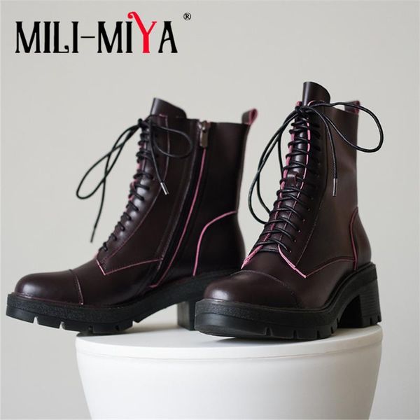 boots mili-miya fashion women cow leather ankle lace-up zippers round toe square heels solid color platform size 34-40, Black
boots mili-miya fashion women cow leather ankle lace-up zippers round toe square heels solid color platform size 34-40, Black