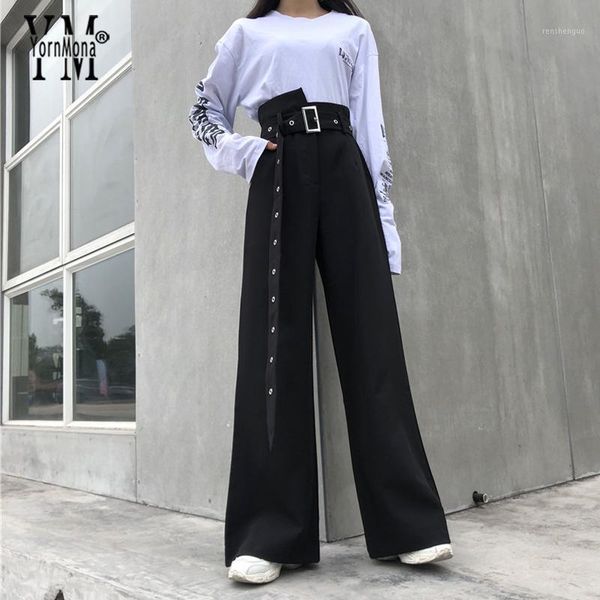 women's pants & capris yornmona women streetwear irregular high waist black wide leg with belt casual loose long trousers female, Black;white
women's pants & capris yornmona women streetwear irregular high waist black wide leg with belt casual loose long trousers female, Black;white