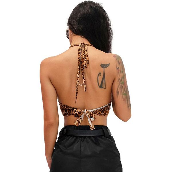 women's t-shirt women lace-up tank crop leopard printed halter backless deep v-neck clubwear camis bandage metal ring streetwear, White
women's t-shirt women lace-up tank crop leopard printed halter backless deep v-neck clubwear camis bandage metal ring streetwear, White
