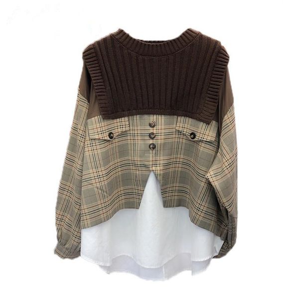 women's blouses & shirts women vintage patchwork shirt knitting plaid woman casual color matching asymmetry bloues clothing, White
women's blouses & shirts women vintage patchwork shirt knitting plaid woman casual color matching asymmetry bloues clothing, White