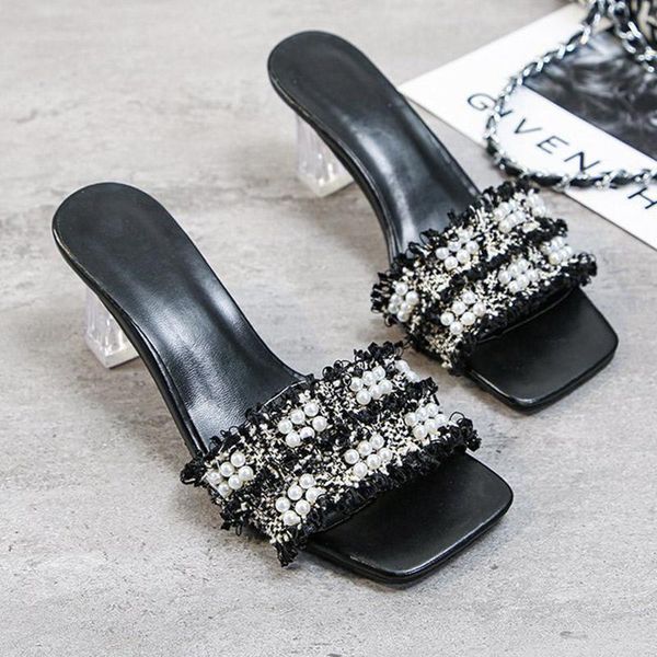 designer fashion sandals and slippers with pearls for women 2021 summer string bead square toe transparent high heels slides, Black
designer fashion sandals and slippers with pearls for women 2021 summer string bead square toe transparent high heels slides, Black