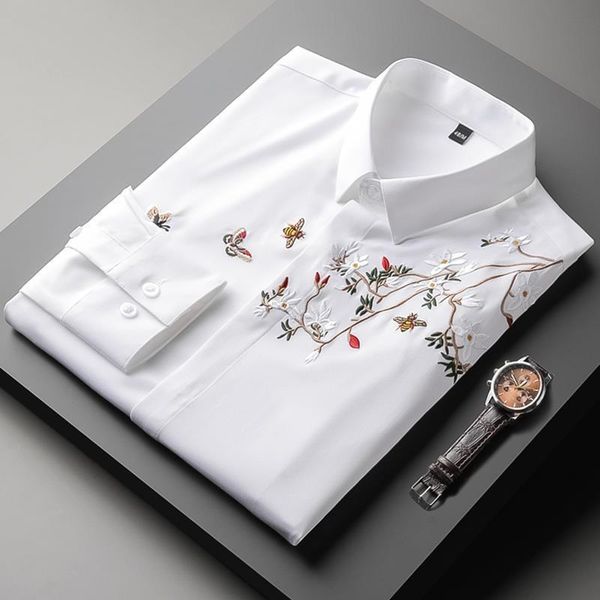 men's casual shirts chinese style flower and bird embroidered white shirt long sleeve spring autumn youth slim fit trend top, White;black
men's casual shirts chinese style flower and bird embroidered white shirt long sleeve spring autumn youth slim fit trend top, White;black