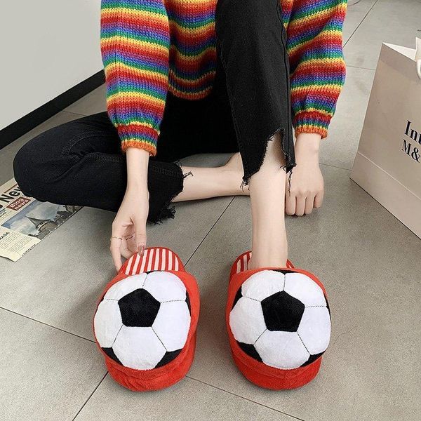 slippers winter warm home women fur indoor football pattern plush ladies soft shoes family footwear, Black