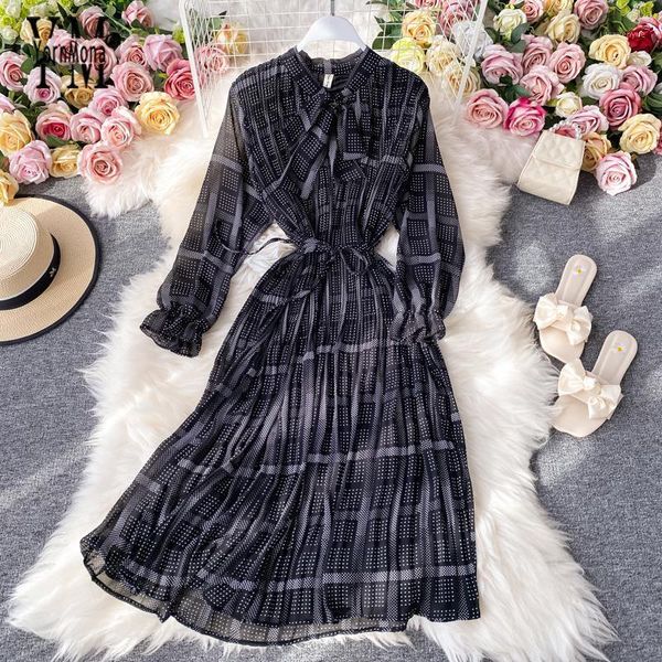 casual dresses yornmona women bow tie long floral print dress vintage sleeve chiffon black pleated party vestidos, Black;gray
casual dresses yornmona women bow tie long floral print dress vintage sleeve chiffon black pleated party vestidos, Black;gray