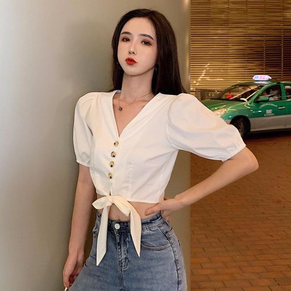 women's blouses & shirts korean womens clothing puff sleeve v-neck single breasted shirt women summer solid short lace up bow crop top, White
women's blouses & shirts korean womens clothing puff sleeve v-neck single breasted shirt women summer solid short lace up bow crop top, White