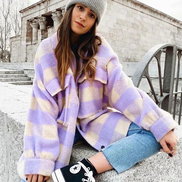 women's wool & blends purple plaid wollen bf style loose pocket outerwear coat winter woman parkas, Black
women's wool & blends purple plaid wollen bf style loose pocket outerwear coat winter woman parkas, Black