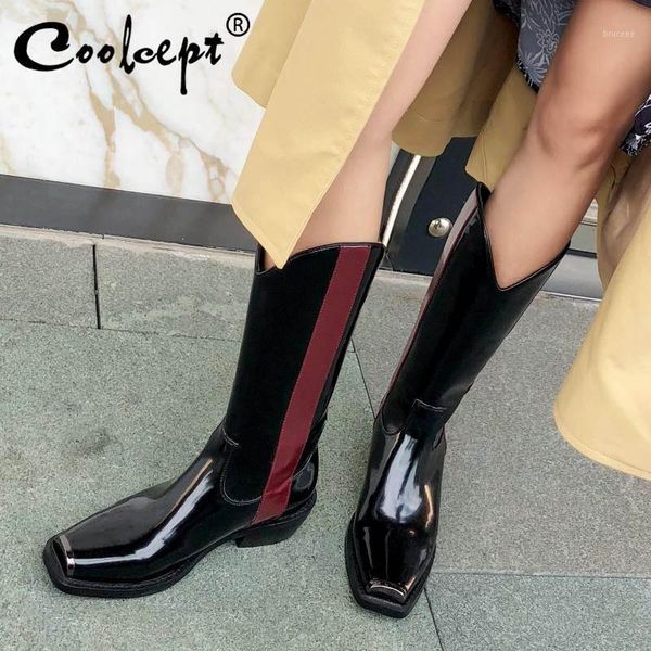 boots coolcept winter knee high women real leather mixed color square toe retro heels western style shoes size 34-401, Black
boots coolcept winter knee high women real leather mixed color square toe retro heels western style shoes size 34-401, Black