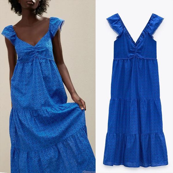 za blue embroidery long cut women dress out strappy sleeveless ruffle strap backless midi summer dresses, Black;gray
za blue embroidery long cut women dress out strappy sleeveless ruffle strap backless midi summer dresses, Black;gray
