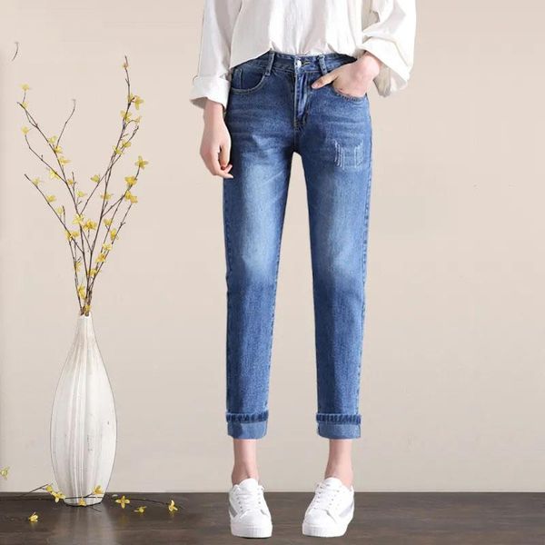 women's ripped jeans straight casual pants streetwear high waist hip pencil, Blue